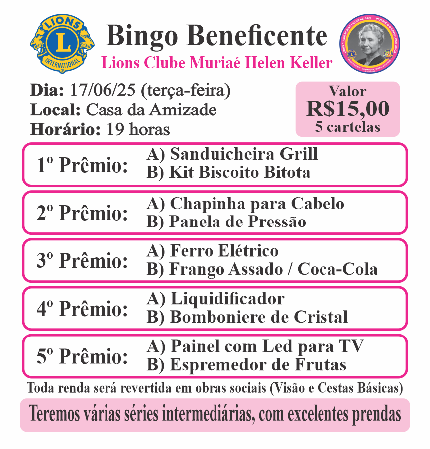Bingo Beneficente do LIONS Clube Muriaé Helen Keller acontece nesta terça-feira