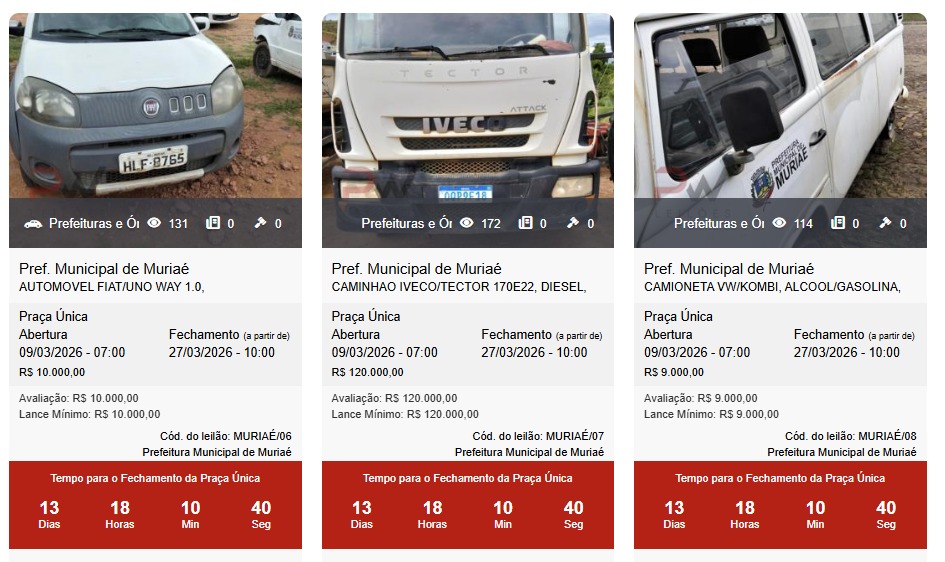 Prefeitura de Muriaé promove leilão público de veículos com lance online
